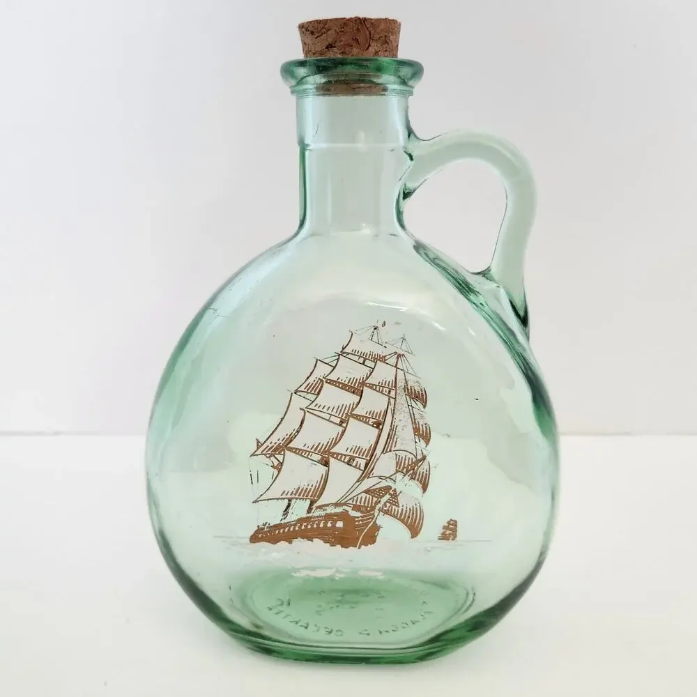 Vintage MCM Old Fitzgerald Green Glass Flagship Decanter Bottle | 1960s Barware